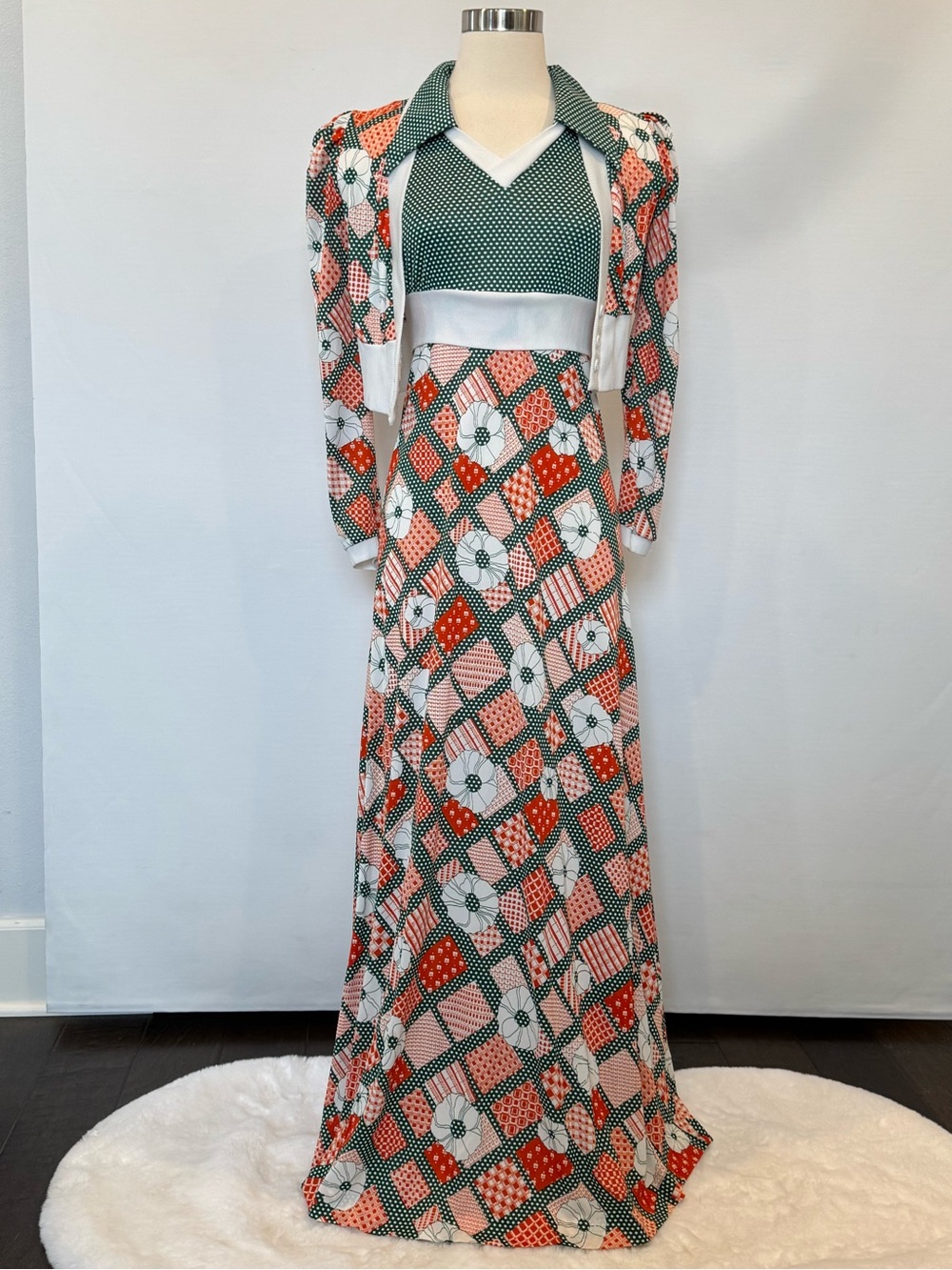 70s Vintage Groovy Plaid Polka Dot Green Halter Dress Maxi Gown & Jacket Set - Picture 11 of 12
